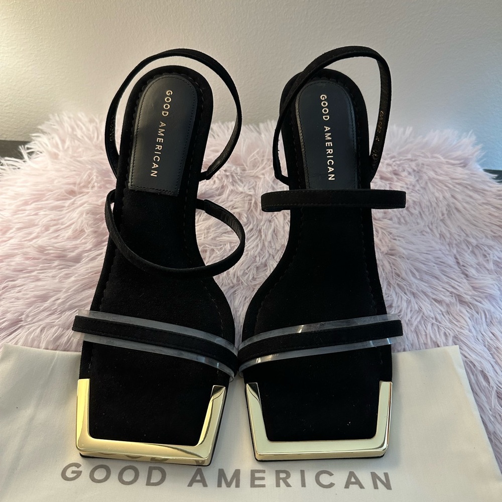 Good American Black Suede stiletto Sandal with Gold tone trim Sz 7.5 - Picture 2 of 6